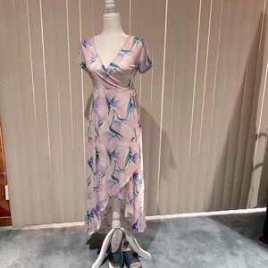 Pink midi dress with multi-colored birds of paradise